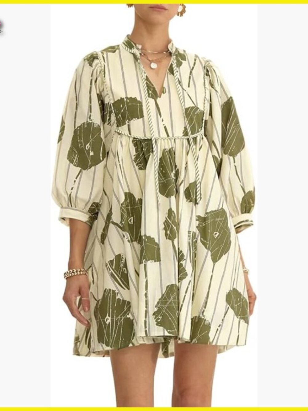 Floral Babydoll Mini Dress V-Neck 3/4 Puff Sleeves A-Line Swing Summer